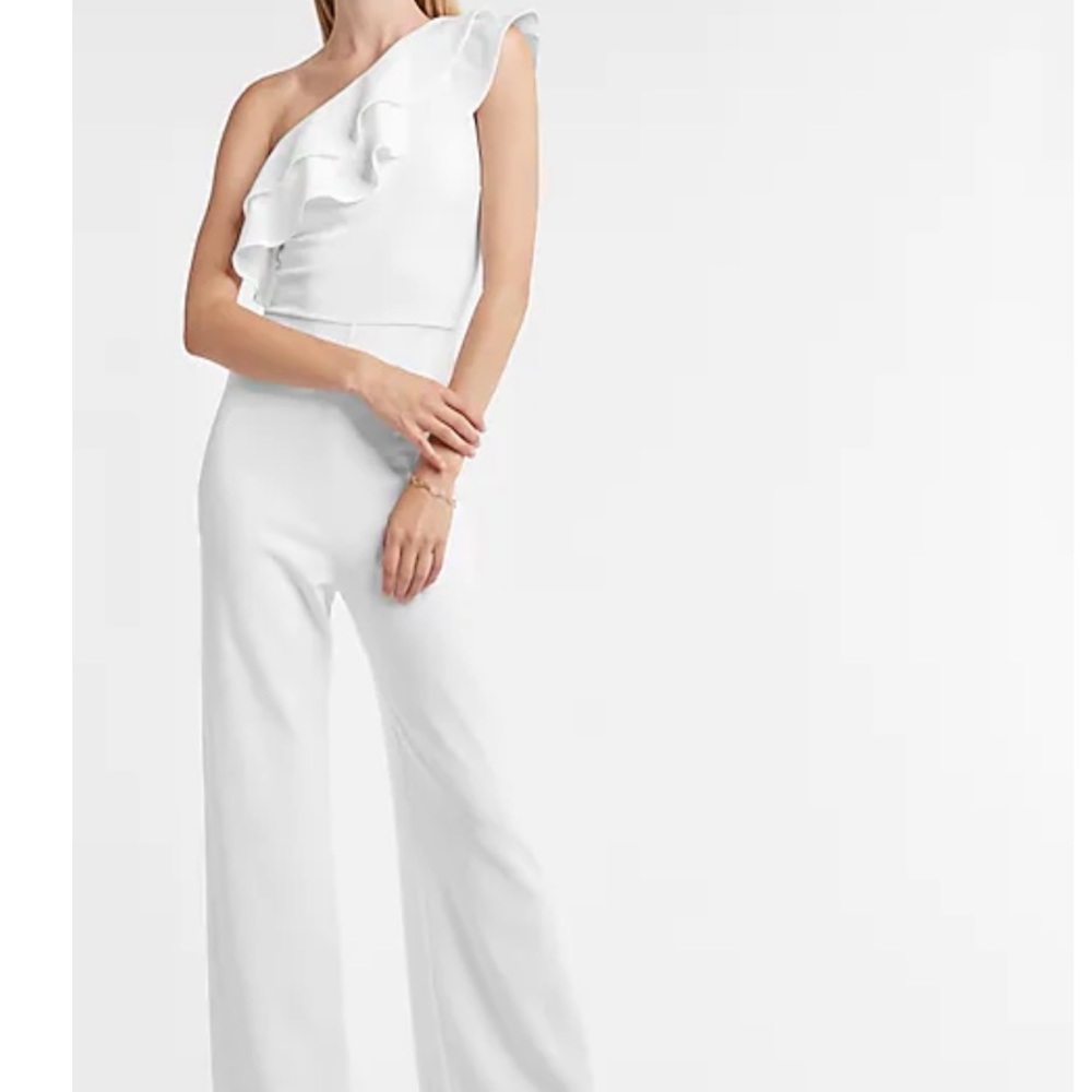 Express white Ruffle One Shoulder Wide Leg Jumpsuit (Size small)